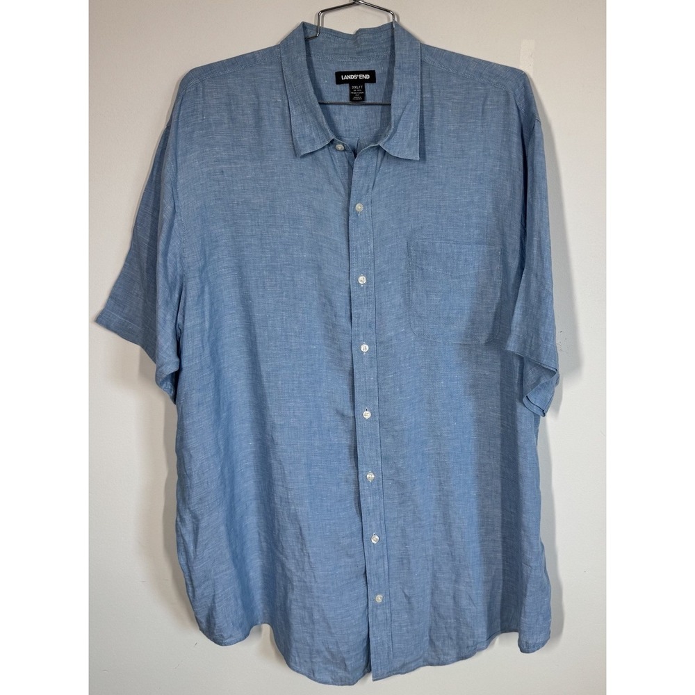 Lands End 100% Linen Blue Short Sleeved Button Up shirt Men's 2XLT Coastal Core